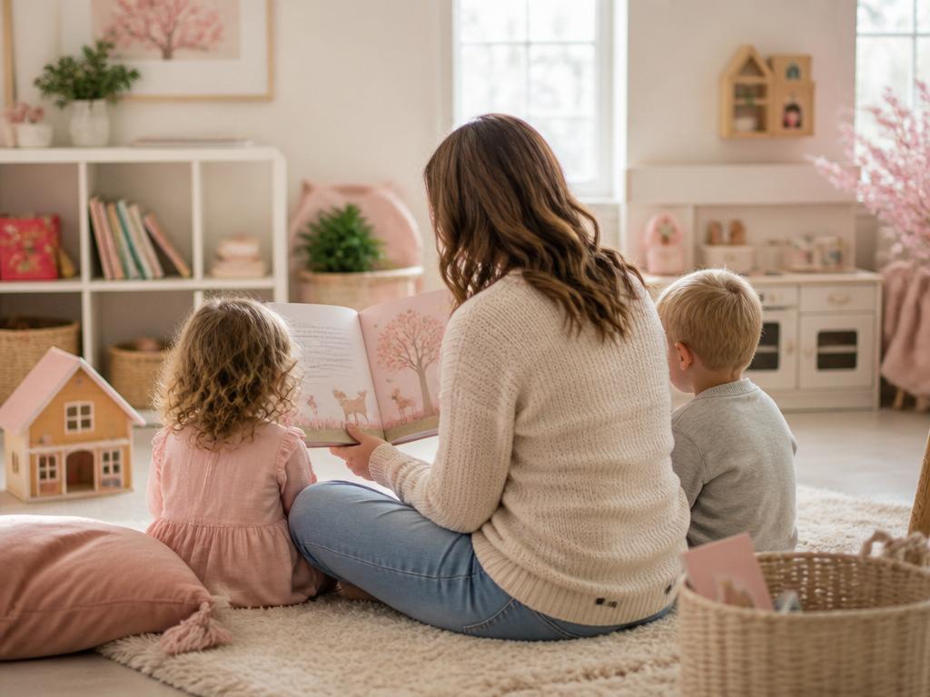 Caregiver reading a story to children in a cozy home playroom