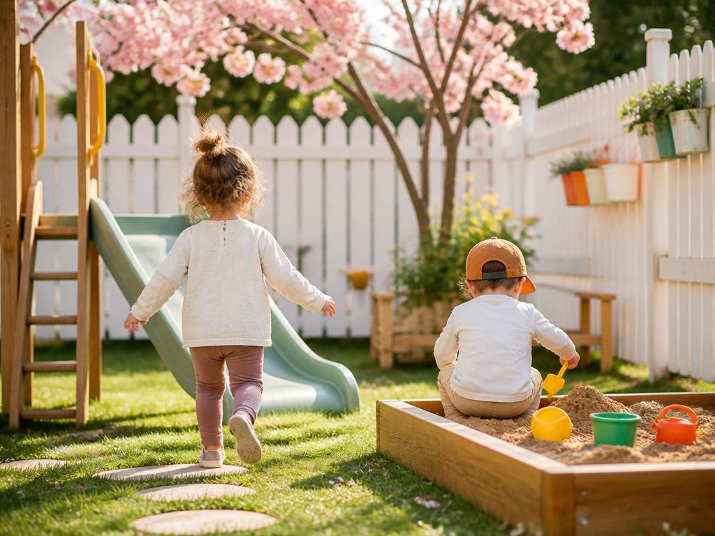 Children enjoying outdoor play in a sunny fenced yard