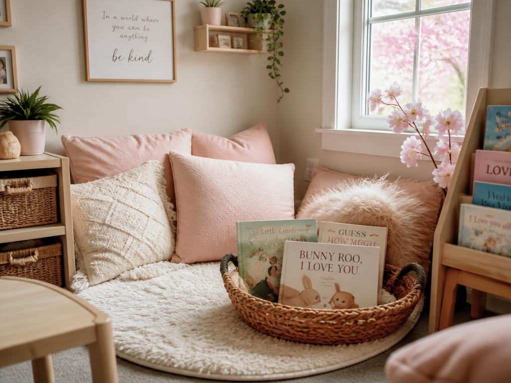 Cozy reading corner with picture books and soft cushions